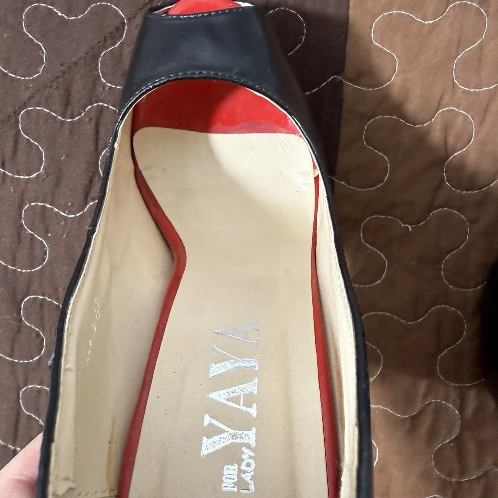Black Leather Peep Toe Heels Red Accent Insole Platform Pumps Stiletto Shoes 37